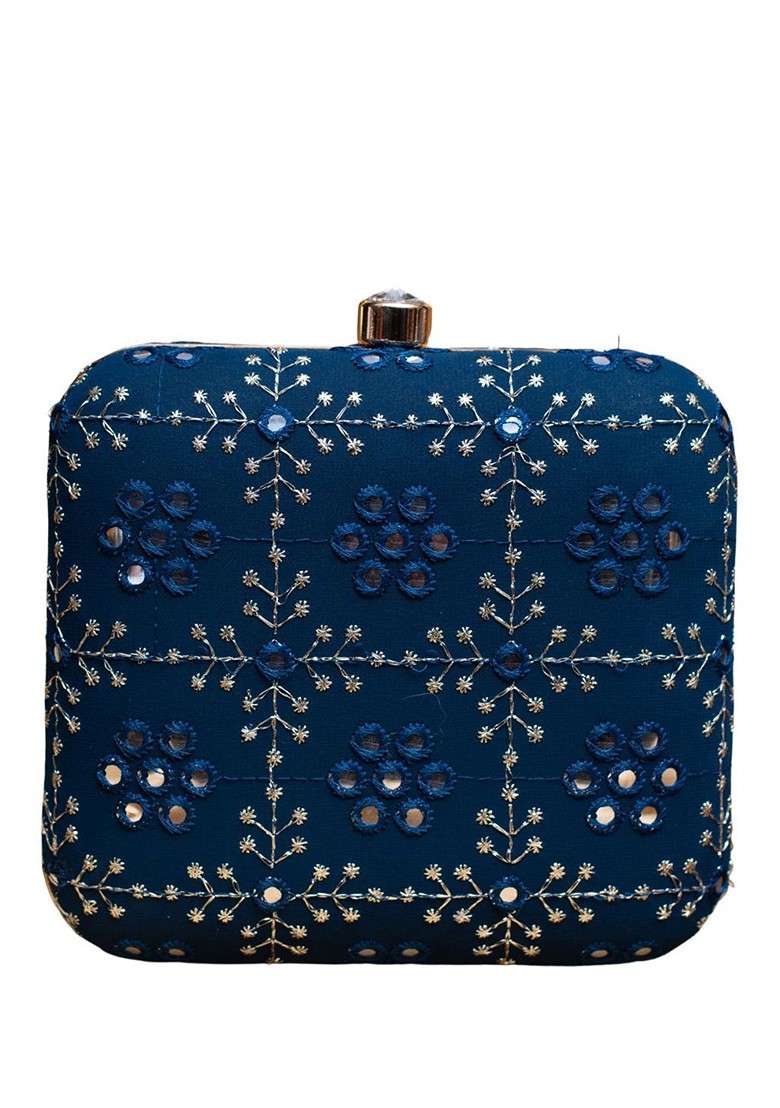 Blue Satin Threadwork Embroidery Box Clutch With Sling Chain - Indya