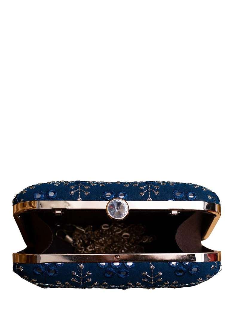 Blue Satin Threadwork Embroidery Box Clutch With Sling Chain - Indya