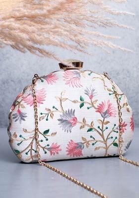 White Satin Floral Embroidered Box Clutch