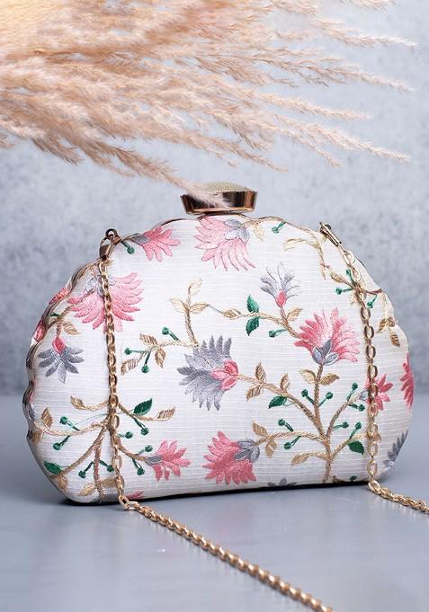White Satin Floral Embroidered Box Clutch