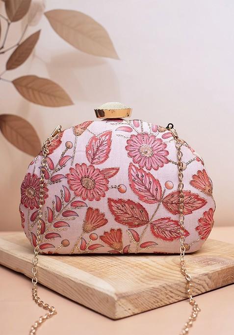 Pink Satin Floral Embroidered Sequinned Box Clutch