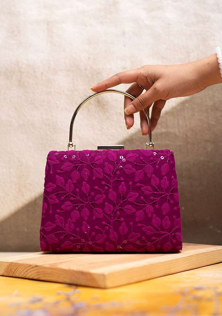 Purple Satin Chikankari Embroidered Box Clutch - Indya