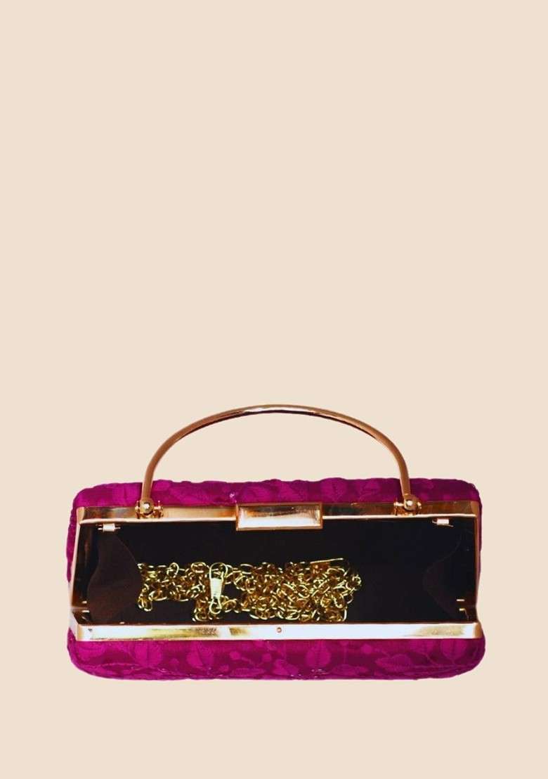 Purple Satin Chikankari Embroidered Box Clutch - Indya