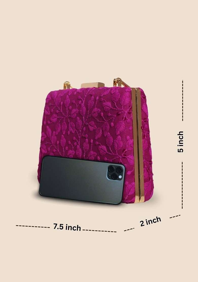 Purple Satin Chikankari Embroidered Box Clutch - Indya