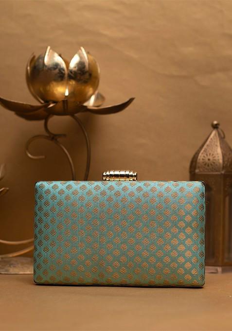 Green Satin Embroidered Brocade Box Clutch