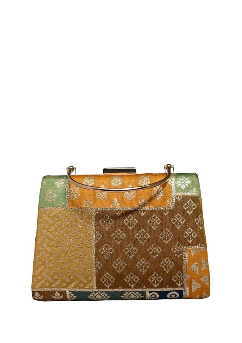 Brown Satin Self Design Brocade Party Box Clutch - Indya