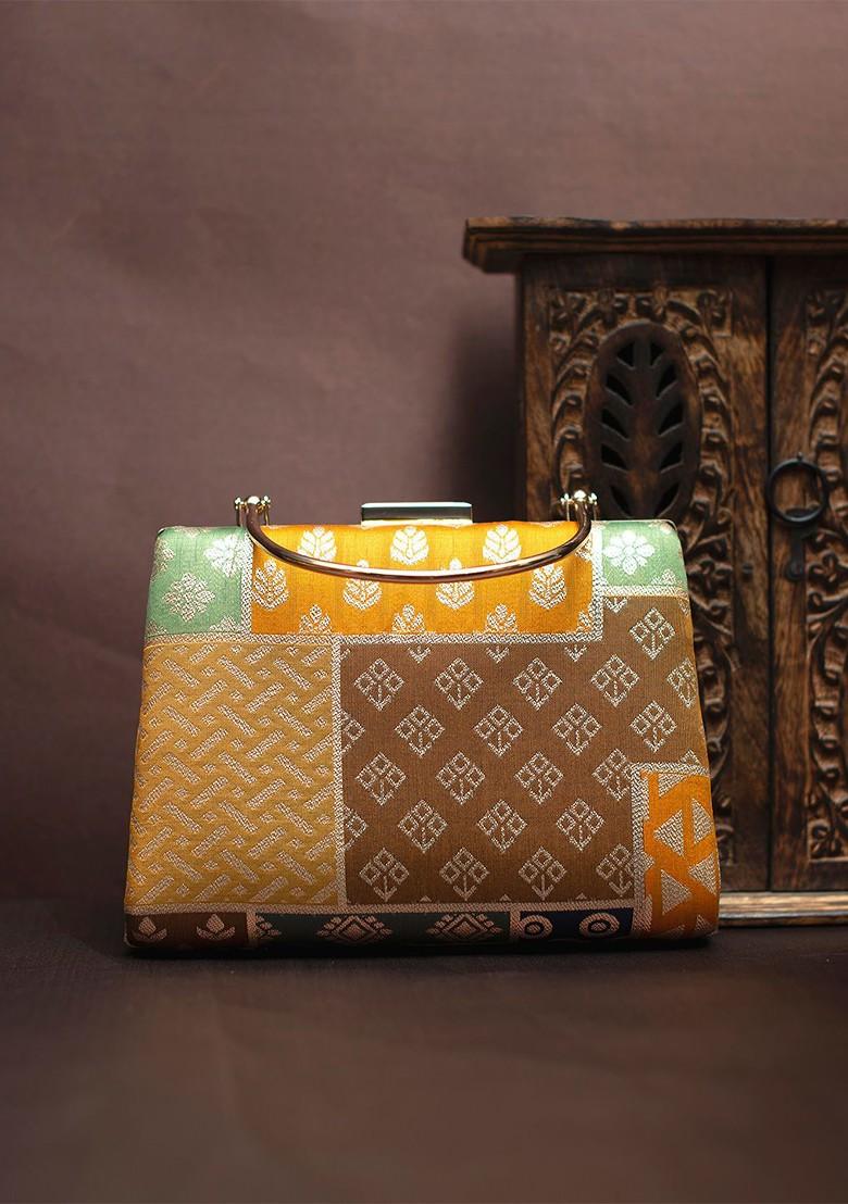 Brown Satin Self Design Brocade Party Box Clutch - Indya