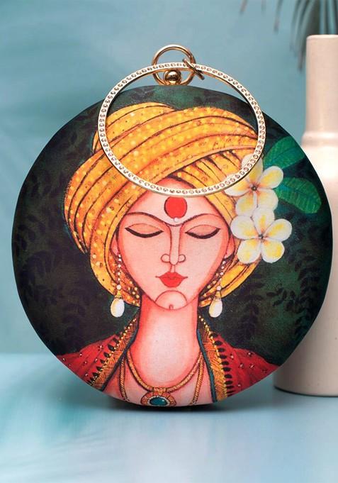 Green Fabric Graphic Printed Box Clutch