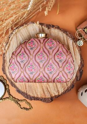 Pink Fabric Pink And Green Printed Embroidered Half Moon Clutch