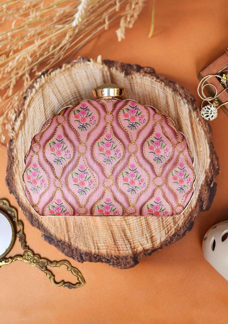 Pink Fabric Pink And Green Printed Embroidered Half Moon Clutch - Indya