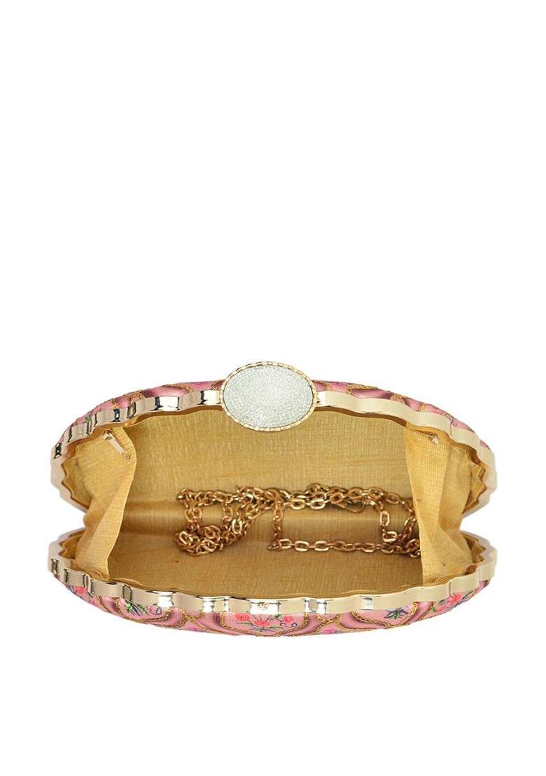 Pink Fabric Pink And Green Printed Embroidered Half Moon Clutch - Indya