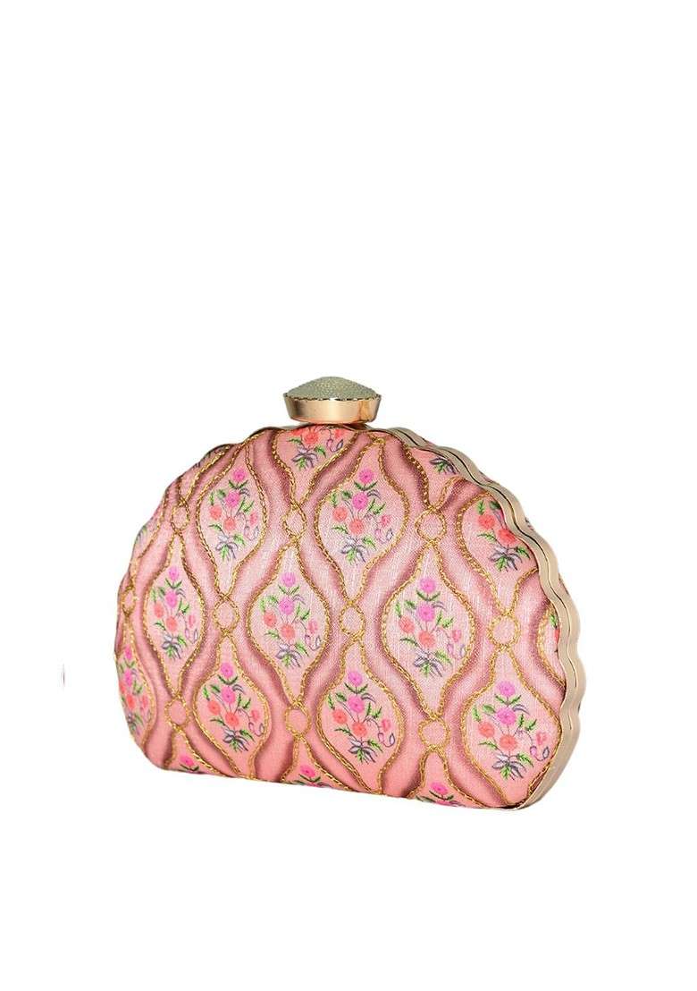 Pink Fabric Pink And Green Printed Embroidered Half Moon Clutch - Indya