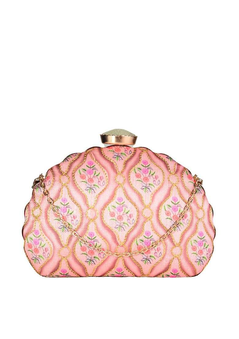 Pink Fabric Pink And Green Printed Embroidered Half Moon Clutch - Indya