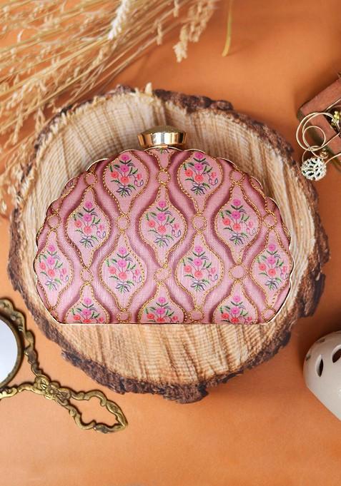 Pink Fabric Pink And Green Printed Embroidered Half Moon Clutch