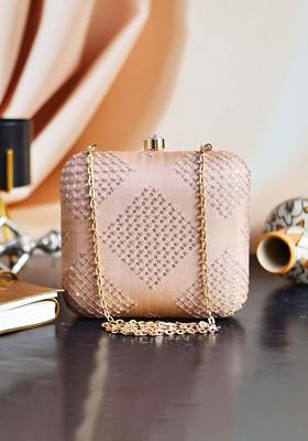 Beige Satin Beige Embroidered Box Clutch