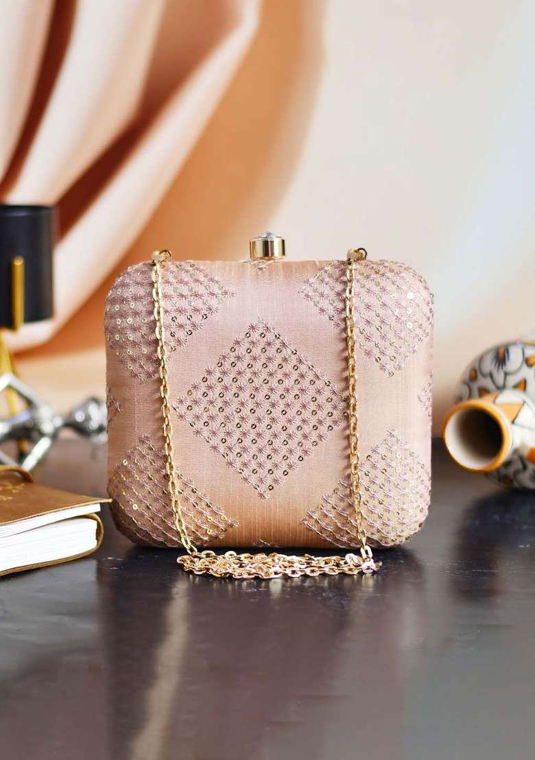 Beige Satin Beige Embroidered Box Clutch - Indya