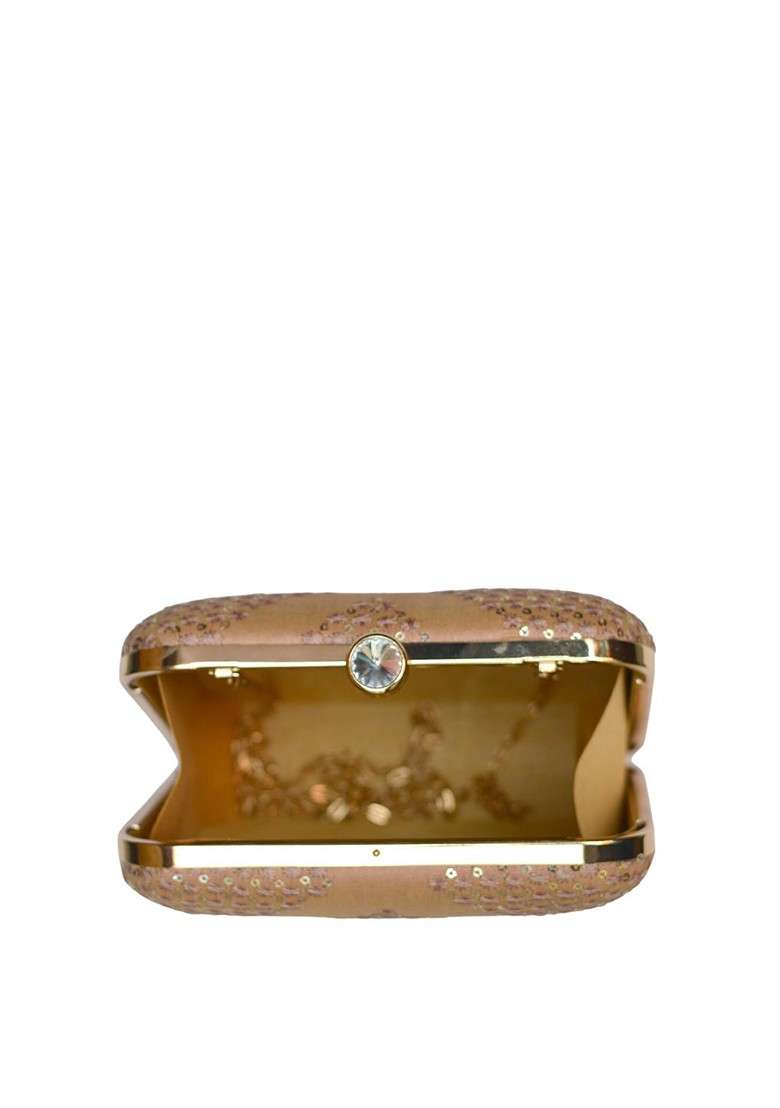 Beige Satin Beige Embroidered Box Clutch - Indya