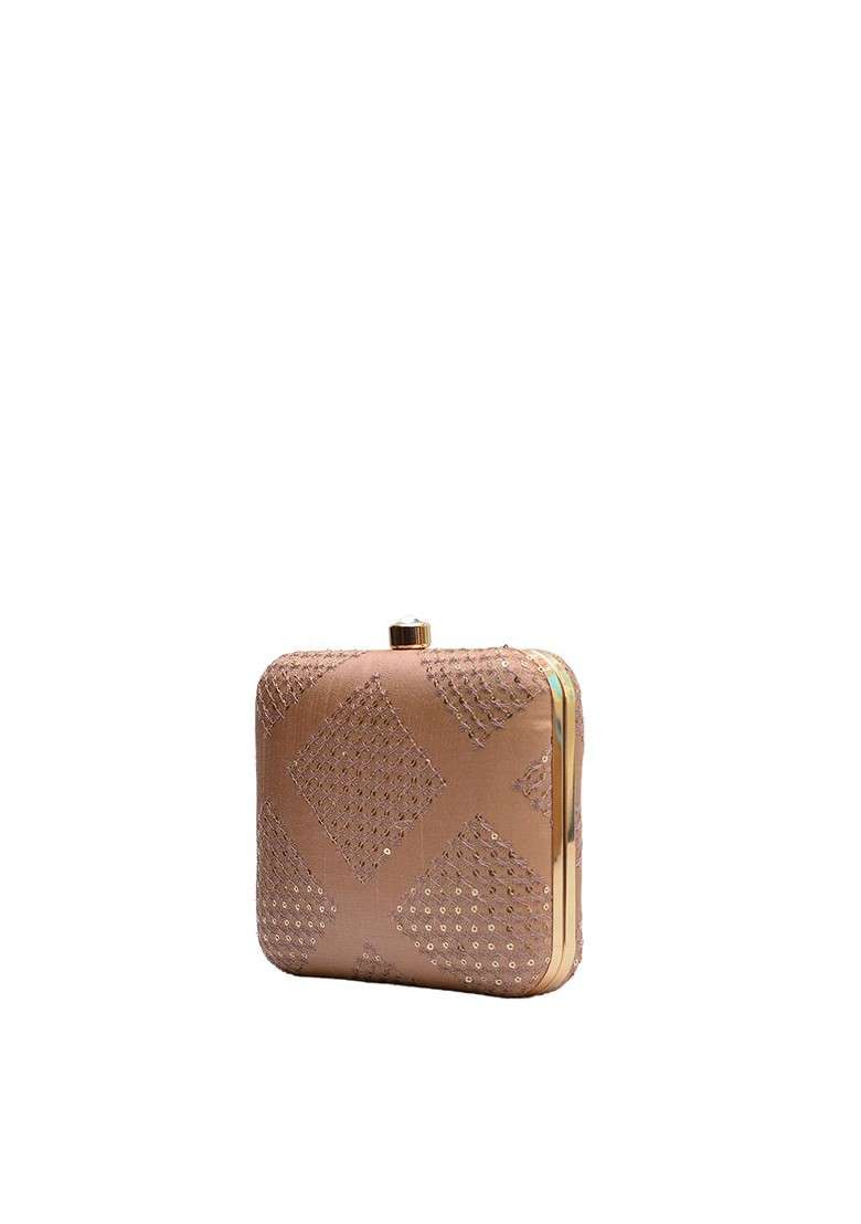 Beige Satin Beige Embroidered Box Clutch - Indya