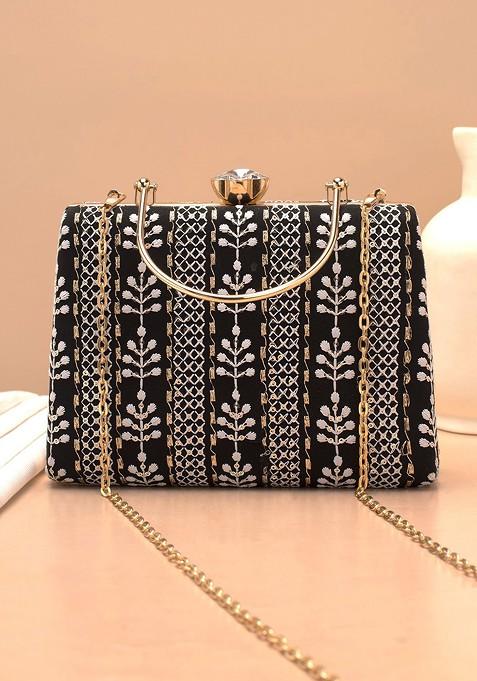 Black Satin Embroidered Box Clutch