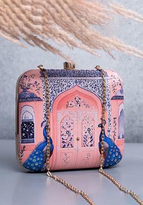 Peach Fabric Printed Box Clutch