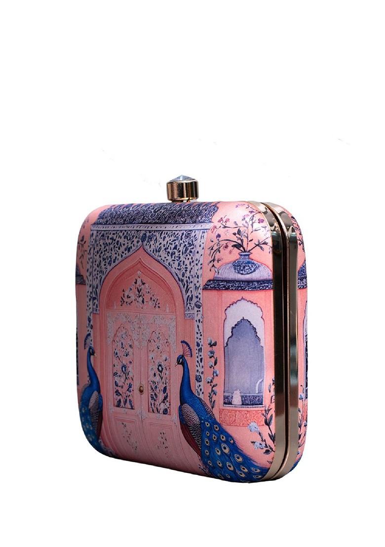 Peach Fabric Printed Box Clutch - Indya