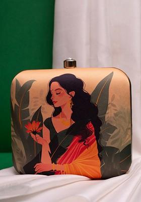 Cream Fabric Printed Box Clutch