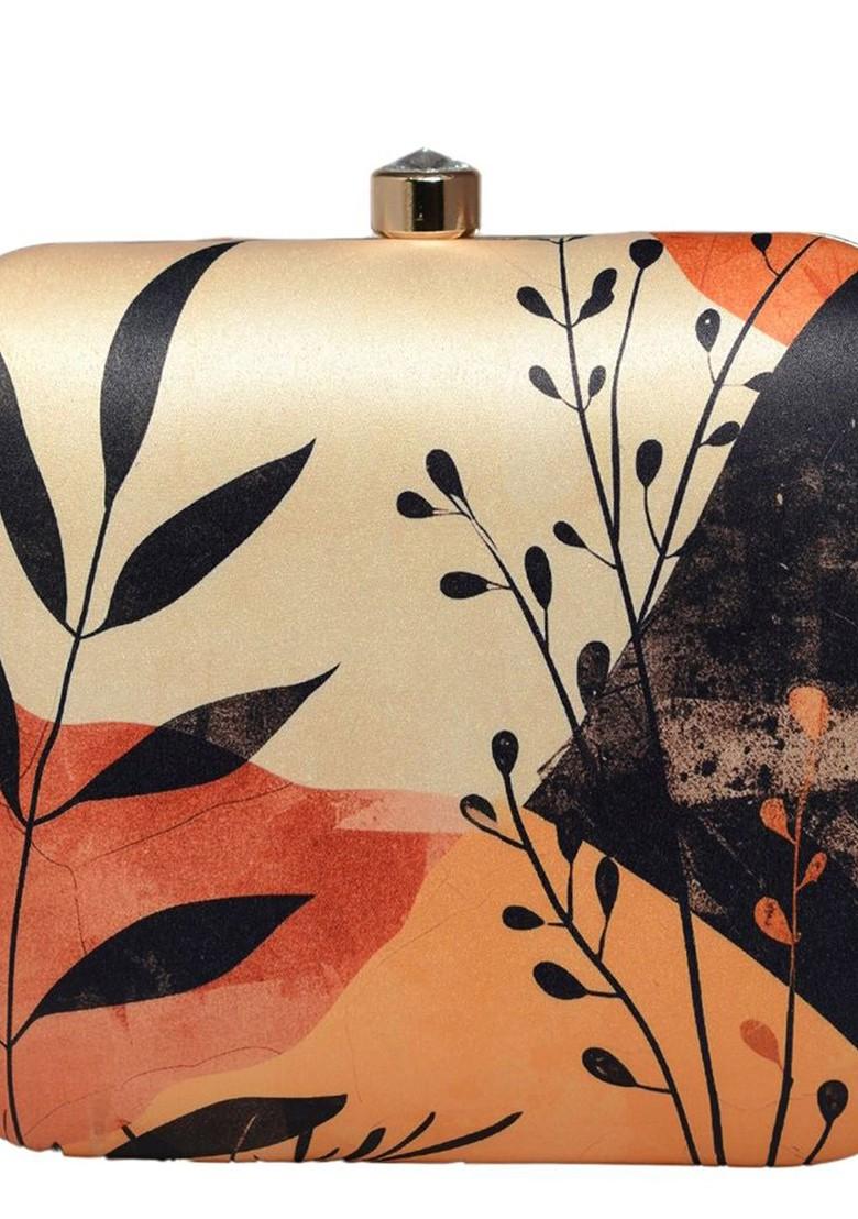 Orange Fabric Abstract Art Printed Box Clutch - Indya
