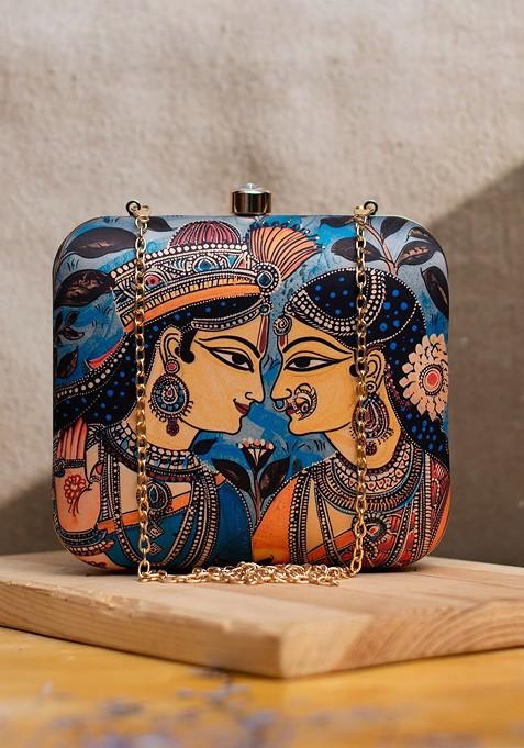 Blue Fabric Madhubani Radha Krishna Printed Box Clutch