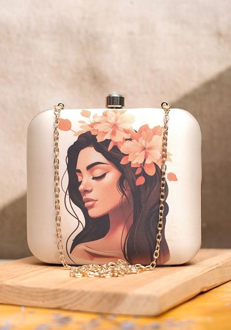 Off White Fabric Graphic Printed Box Clutch