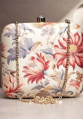 White Fabric Floral Printed Box Clutch
