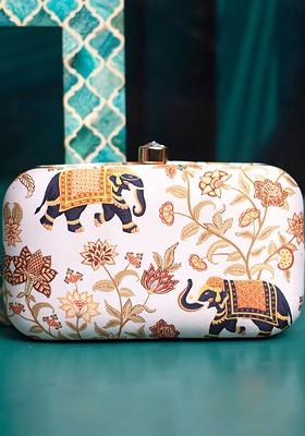 White Fabric Floral Printed Box Clutch