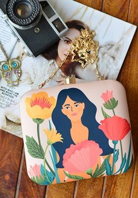 Peach Fabric Peach Coloured And Blue Printed Box Clutch