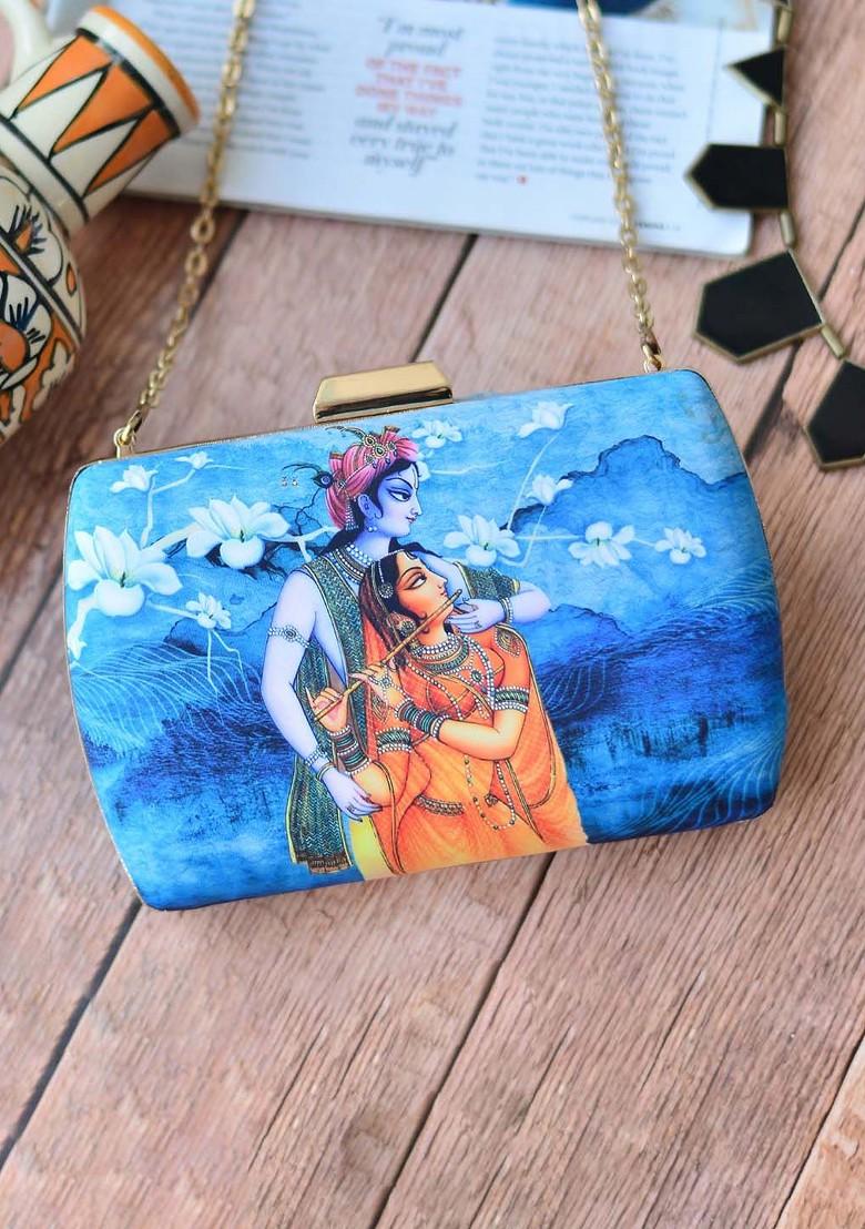 Blue Fabric Blue And Orange Radha Krishna Printed Box Clutch - Indya