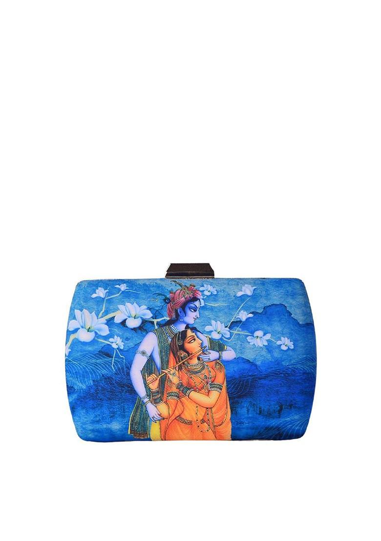 Blue Fabric Blue And Orange Radha Krishna Printed Box Clutch - Indya