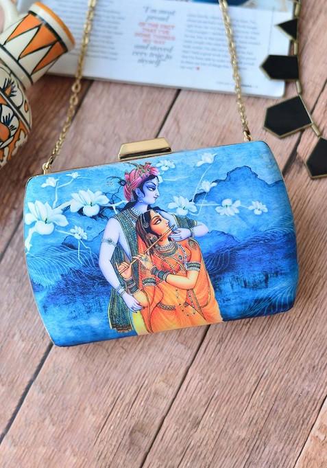 Blue Fabric Blue And Orange Radha Krishna Printed Box Clutch
