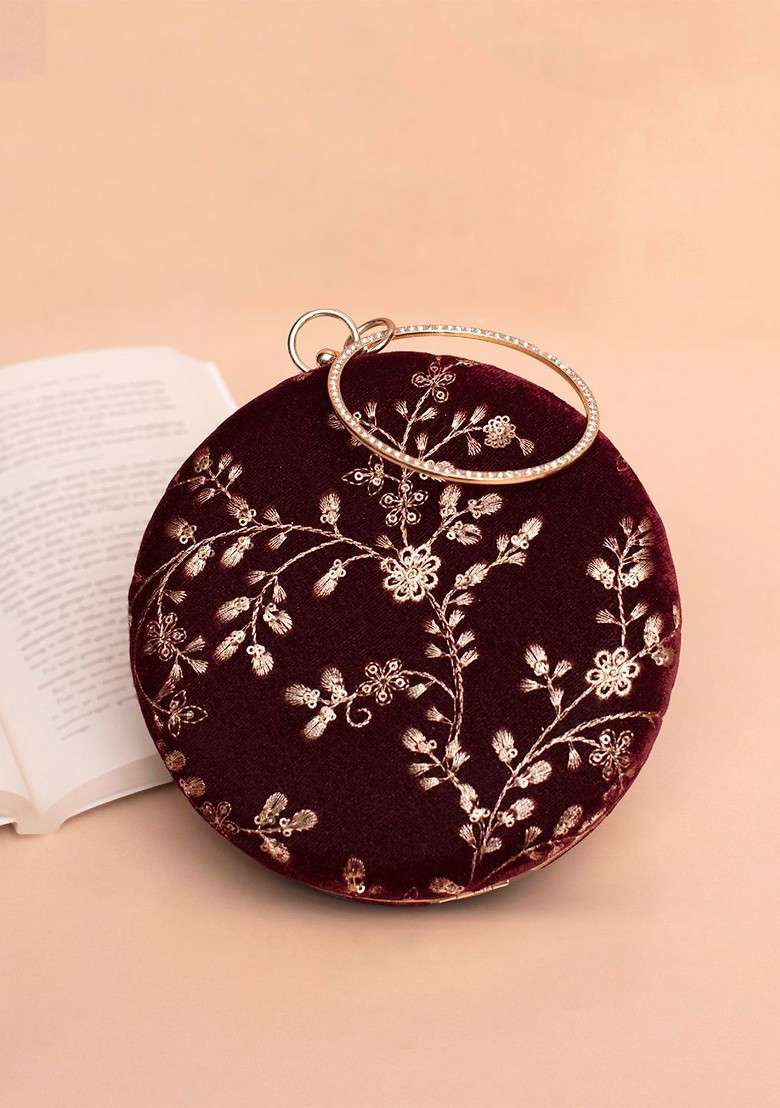 Maroon Satin Floral Embroidered Sequinned Round Shaped Box Clutch - Indya