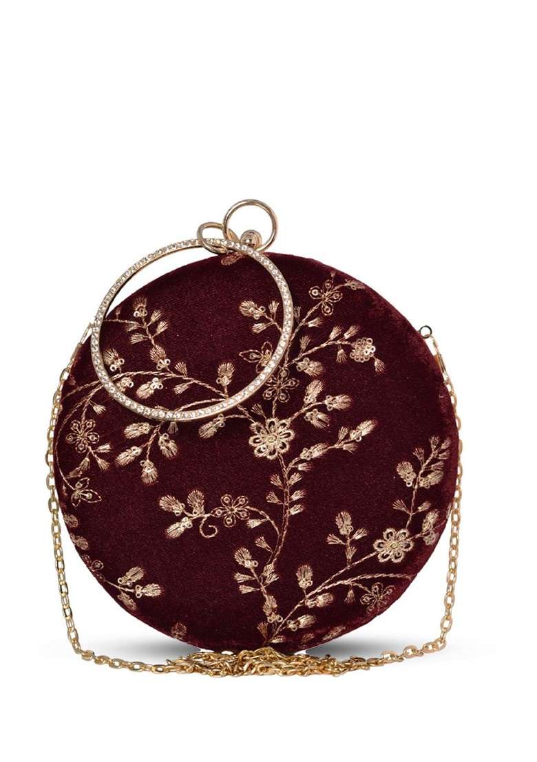 Maroon Satin Floral Embroidered Sequinned Round Shaped Box Clutch - Indya