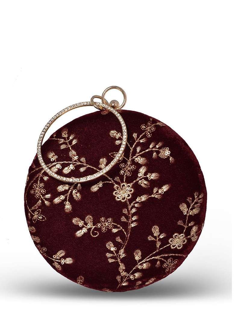 Maroon Satin Floral Embroidered Sequinned Round Shaped Box Clutch - Indya