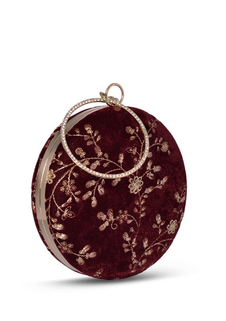 Maroon Satin Floral Embroidered Sequinned Round Shaped Box Clutch - Indya