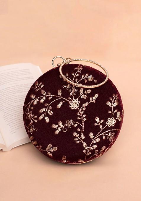 Maroon Satin Floral Embroidered Sequinned Round Shaped Box Clutch