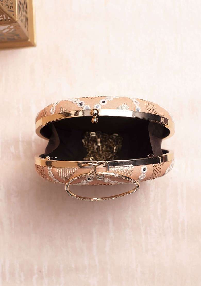 Peach Satin Embroidered Embellished Box Clutch - Indya