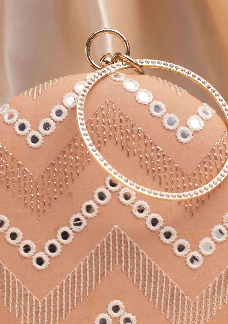 Peach Satin Embroidered Embellished Box Clutch - Indya