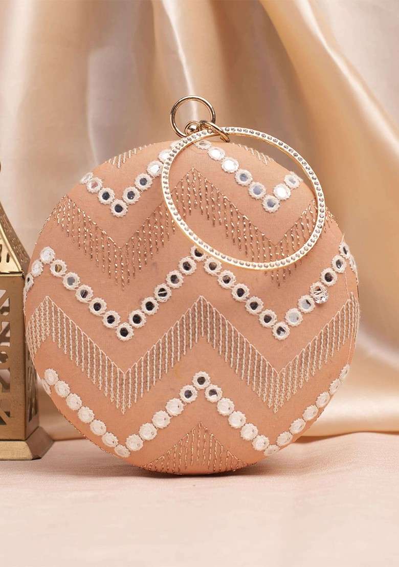 Peach Satin Embroidered Embellished Box Clutch - Indya