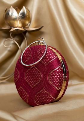 Red Satin Sequins Embroidered Box Clutch