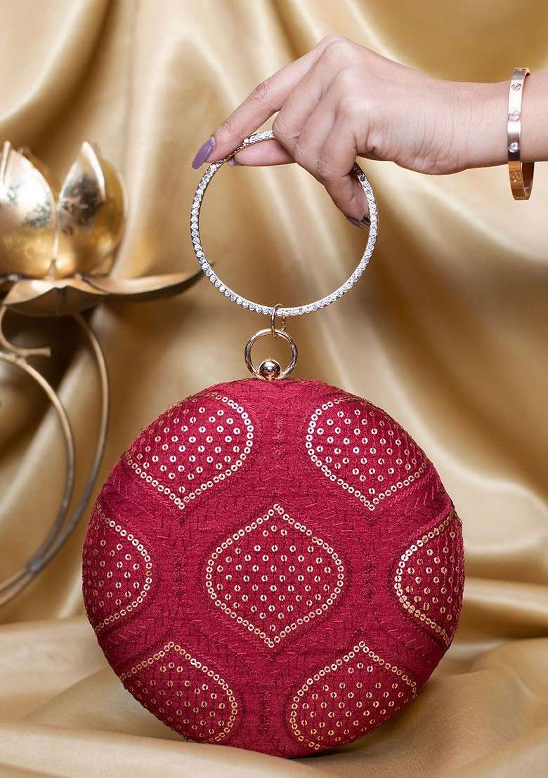 Red Satin Sequins Embroidered Box Clutch - Indya