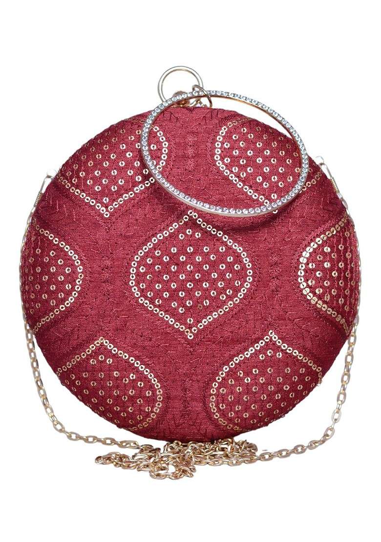 Red Satin Sequins Embroidered Box Clutch - Indya