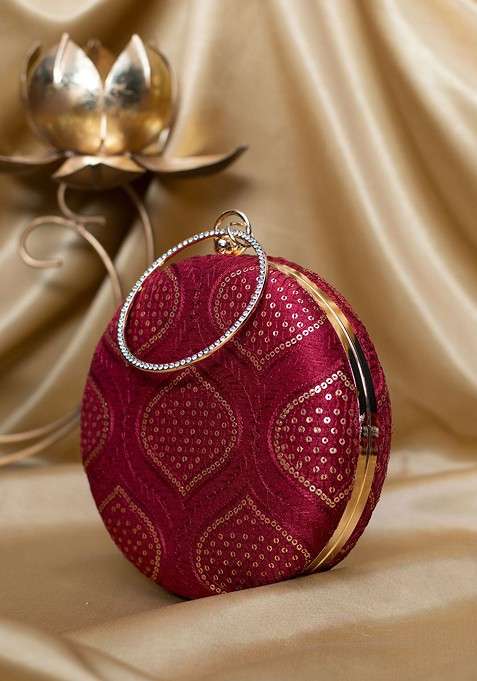 Red Satin Sequins Embroidered Box Clutch