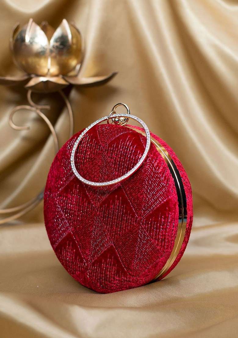 Red Satin Sequins Embroidered Box Clutch - Indya