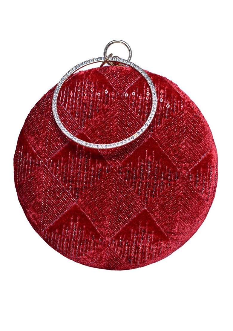 Red Satin Sequins Embroidered Box Clutch - Indya