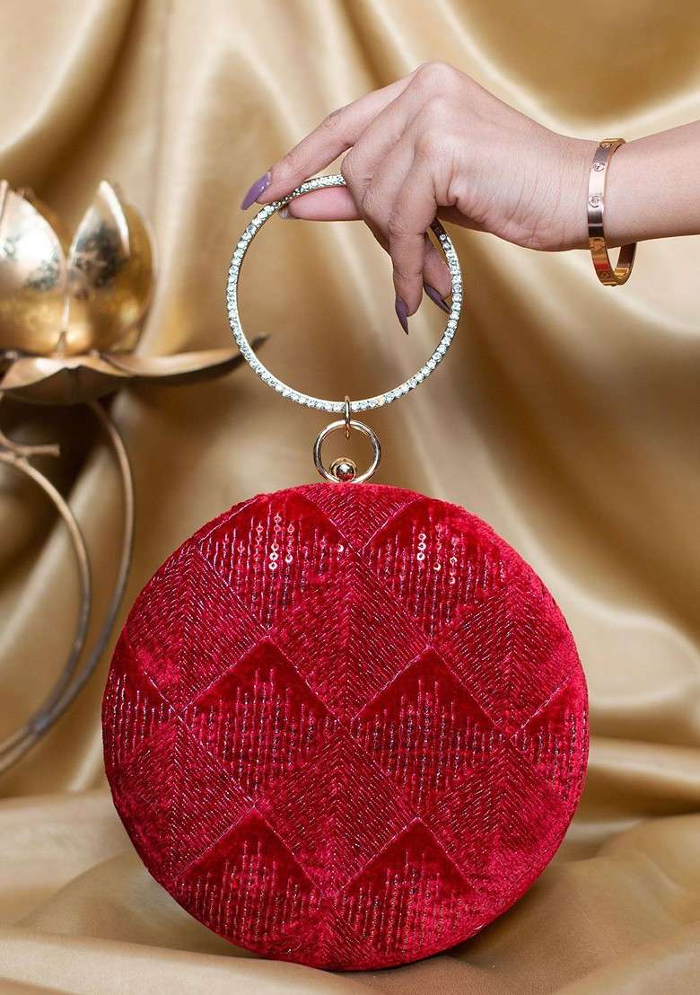 Red Satin Sequins Embroidered Box Clutch - Indya